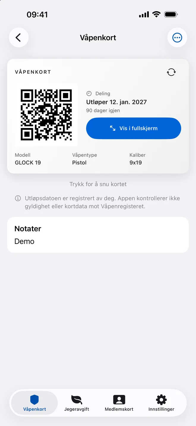 Baksiden av eksempelkortet med QR-kode, delingens utløpsdato og knappen Vis i fullskjerm.