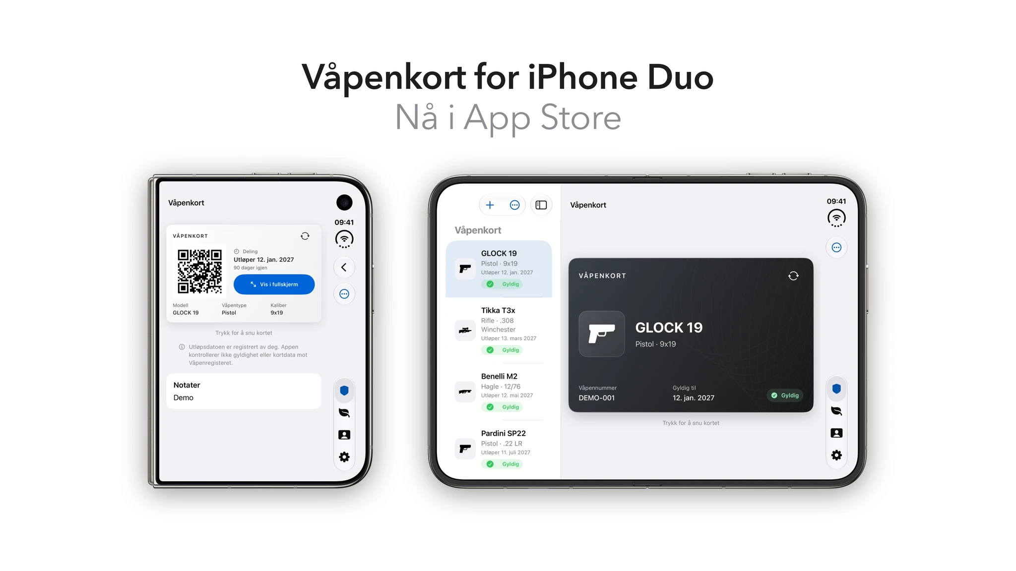 Våpenkort på lukket og åpen iPhone Duo: QR-kode på den ytre skjermen og kortliste ved siden av valgt kort på den indre skjermen. Eksempeldata.